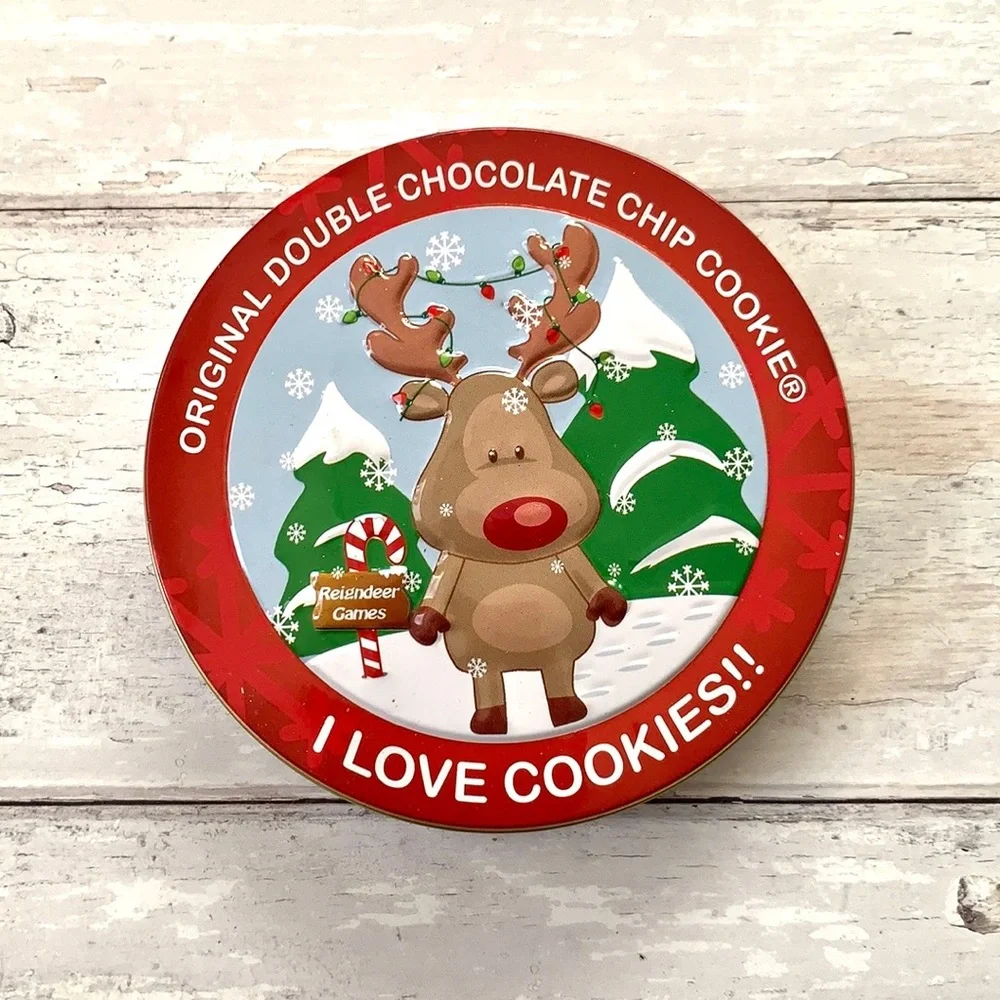 Christmas Metal Round Circle Cookie Tin Red Reindeer Rudolph